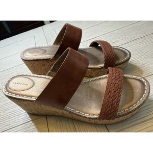Lands End Della Mid Wedge Slide Sandals Cork Heel Braided Strap Brown 9 B Boho